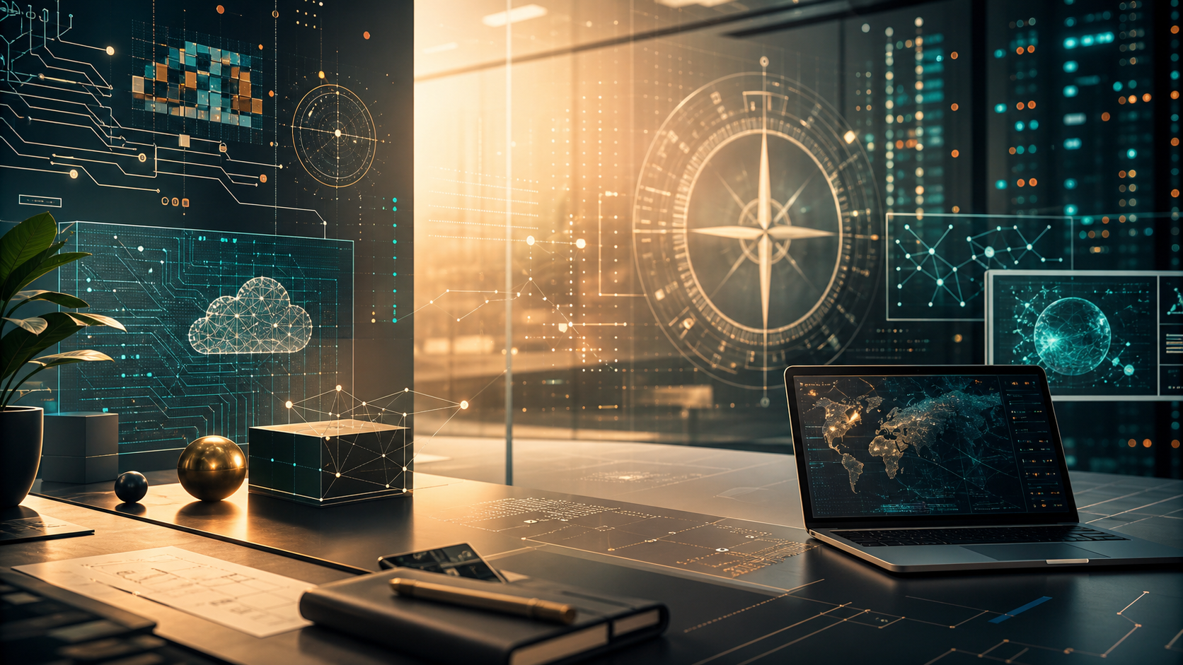 Abstract technology dashboard with cloud, data, and navigation visuals.