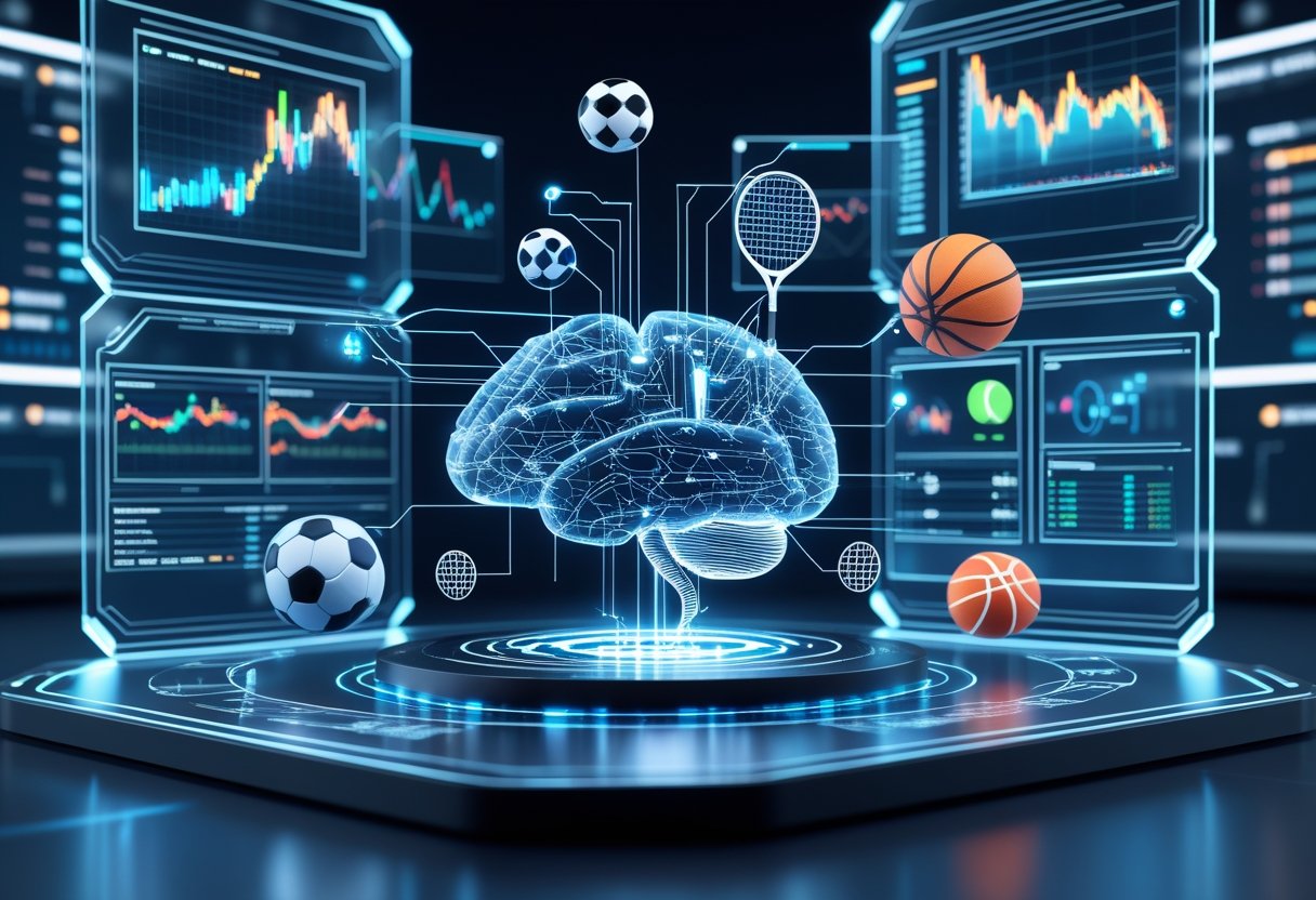 스포츠 아이콘과 데이터 그래프가 떠 있는 AI 기반 스포츠 베팅 예측 모델의 3D 디지털 인터페이스 장면