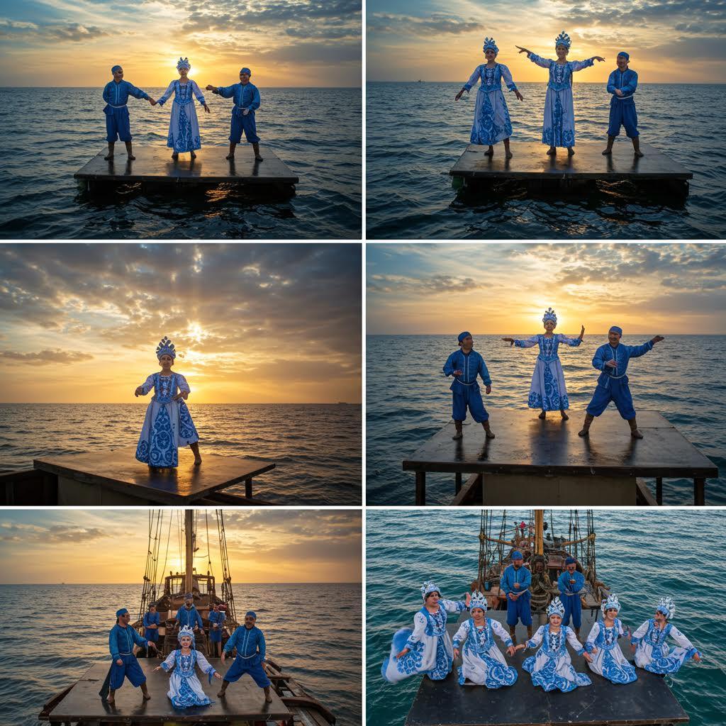 Tall Ship 갑판 위에서 전통 공연을 이어가는 모습을 슬롯생강 분위기로 담아낸 사진