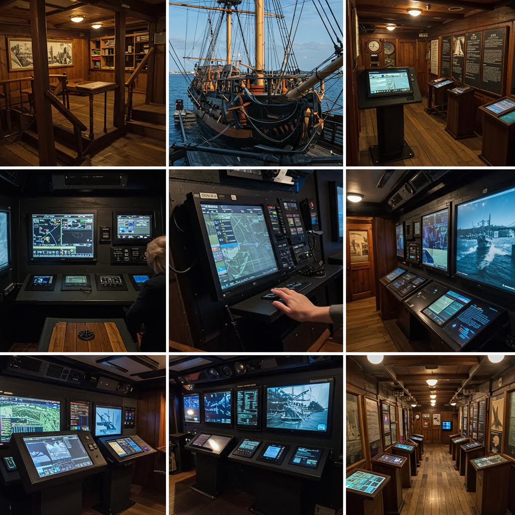 Tall Ship 내부에 설치된 운영 장비와 전시 체험 구역 장면에서 슬롯생강이 해양 문화 데이터를 기록하는 이미지