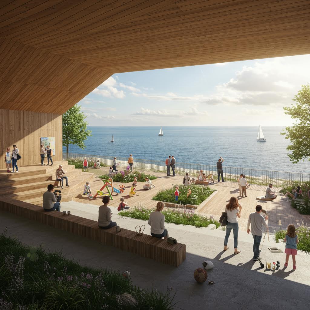 바다 전망이 보이는 친환경 야외 커뮤니티 공간에서 사람들이 휴식과 대화를 나누는 장면, 온카스터디가 소개하는 지속가능한 해양 문화 공간