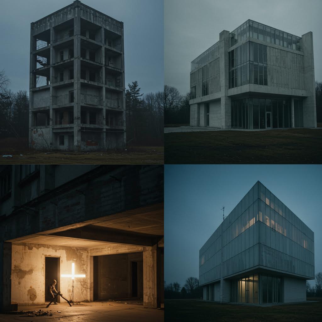 버려진 콘크리트 건물들의 4개 사진 콜라주 - 황량한 미완성 건축물, 현대적 브루탈리즘 스타일 건물, 황금빛이 비치는 버려진 실내 공간의 외로운 인물 실루엣, 황혼의 모던 건축물 등 우울하고 분위기 있는 건축 사진