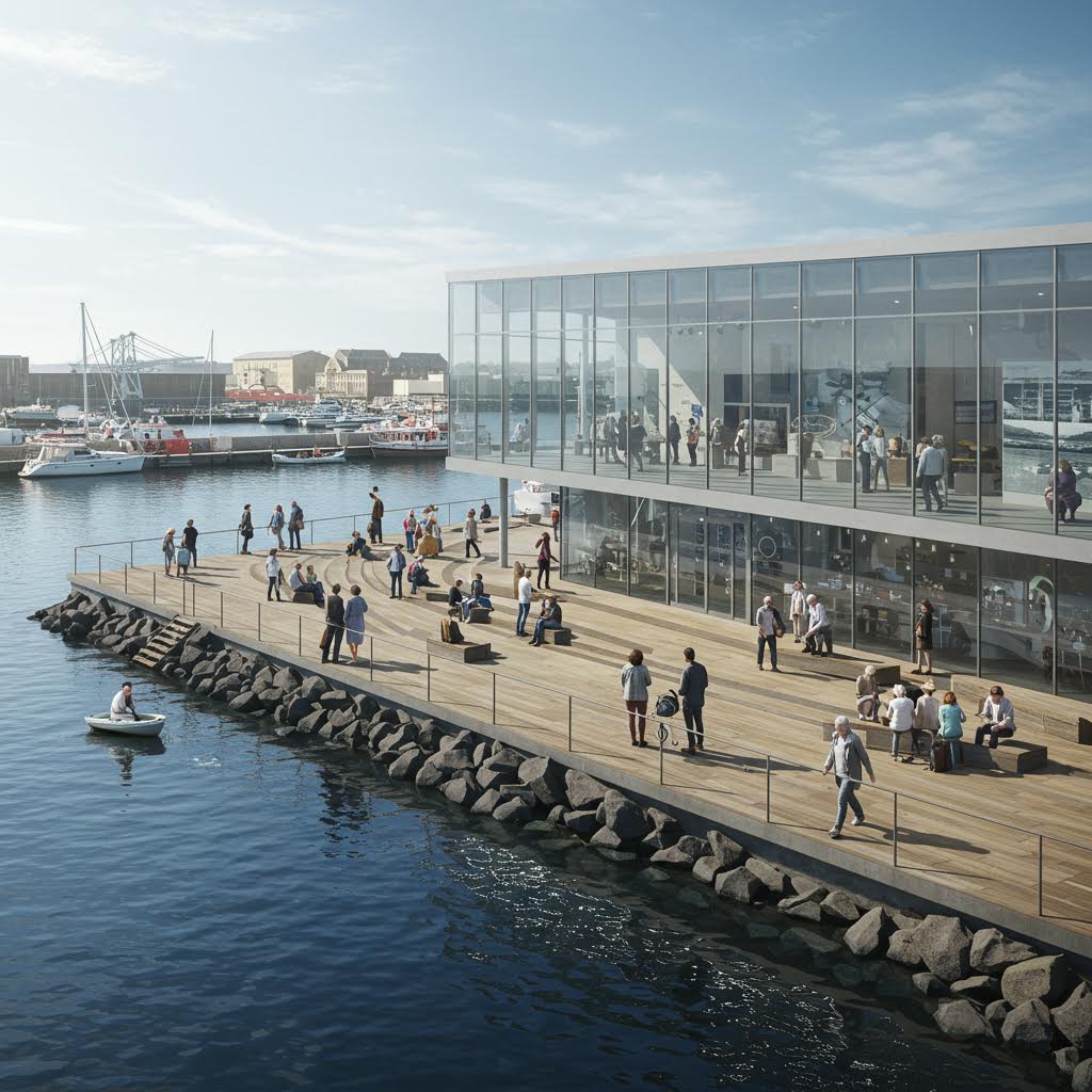 투명한 유리 건물과 선착장 위에서 사람들이 여유롭게 대화를 나누며 햇살과 바람을 즐기는 항구의 순간