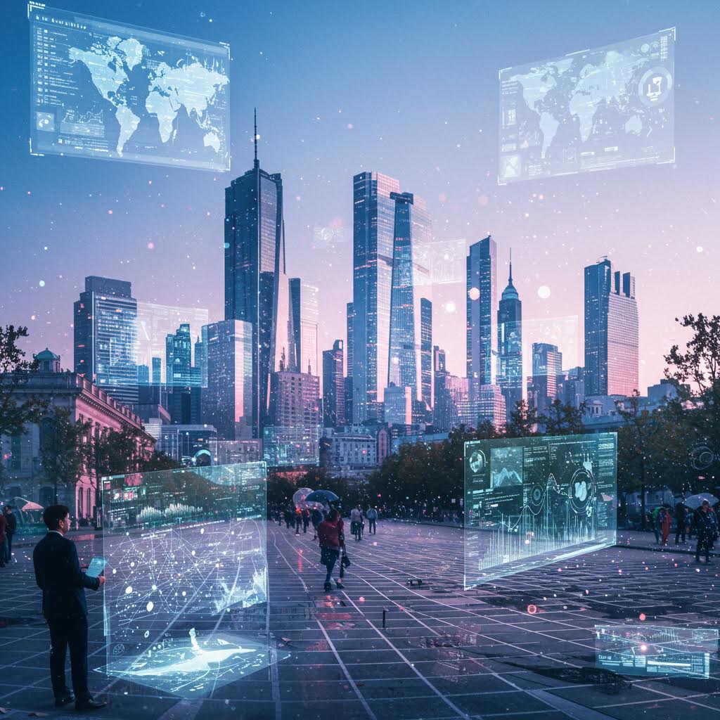 분홍빛과 파란빛 황혼의 도시 스카이라인을 배경으로 광장에 서 있는 사람들 주변에 세계 지도, 데이터 차트, 분석 그래프가 표시된 반투명 홀로그램 스크린들이 떠 있는 스마트 시티 및 미래형 도시 데이터 시각화 장면