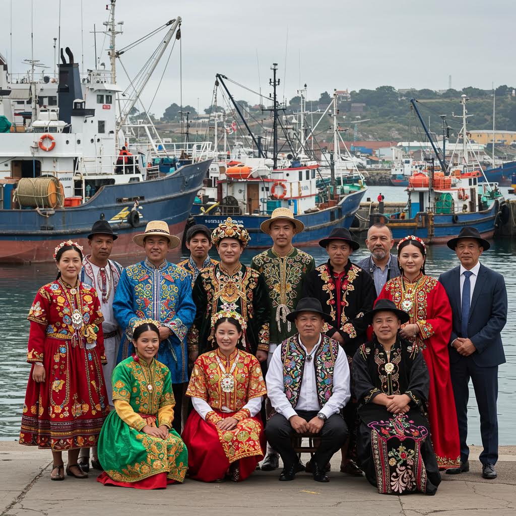 항구를 배경으로 전통 의상을 입은 사람들이 단체 사진을 찍는 모습, 온카스터디가 전하는 문화 교류와 공동체의 순간