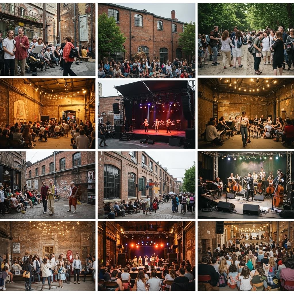 산업 단지에서 열리는 다양한 문화 행사와 공연 콜라주: 벽돌 건물 앞 거리 공연, 야외 무대 콘서트, 실내 재즈 공연, 오케스트라 연주, 관객들이 참여하는 커뮤니티 예술 축제 장면들