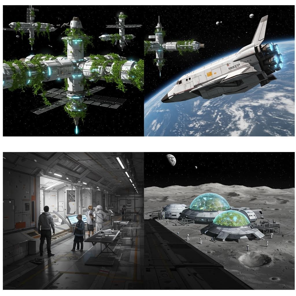 녹색 식물로 가득한 미래형 우주 정거장, 지구 궤도의 우주 왕복선, 우주정거장 내부 회의실의 승무원들, 달 표면의 투명 돔 생물권 서식지