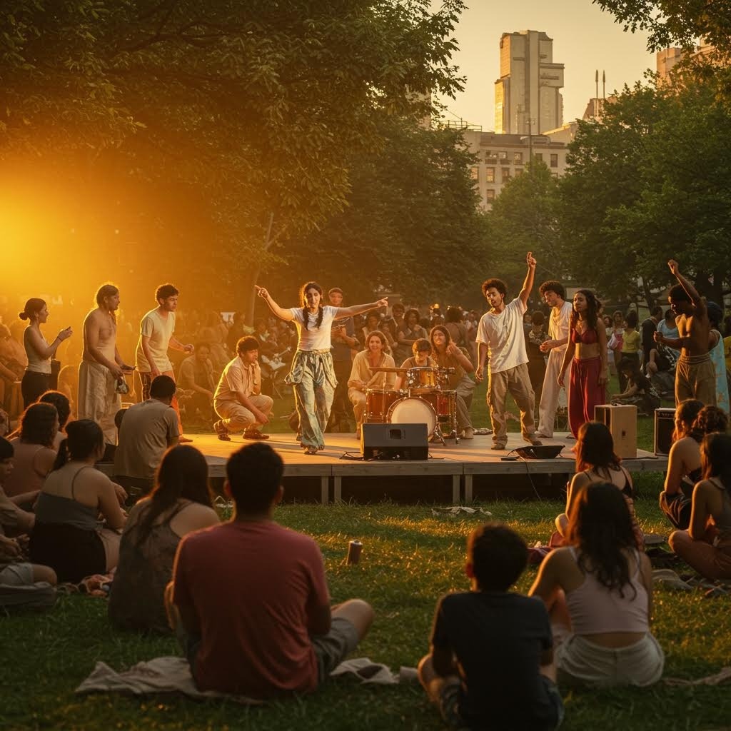 석양 황금빛 속 도시 공원에서 열리는 야외 라이브 음악 공연, 무대 위 밴드와 댄서들이 공연하고 잔디밭에 앉아 관람하는 관객들