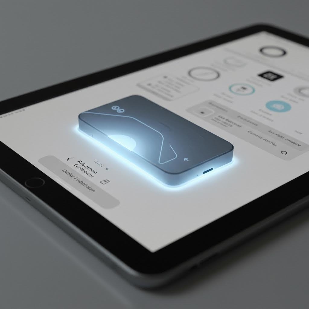 태블릿 화면 위에 떠 있는 3D 렌더링 스마트폰 미래형 기술과 앱 인터페이스 개념 이미지