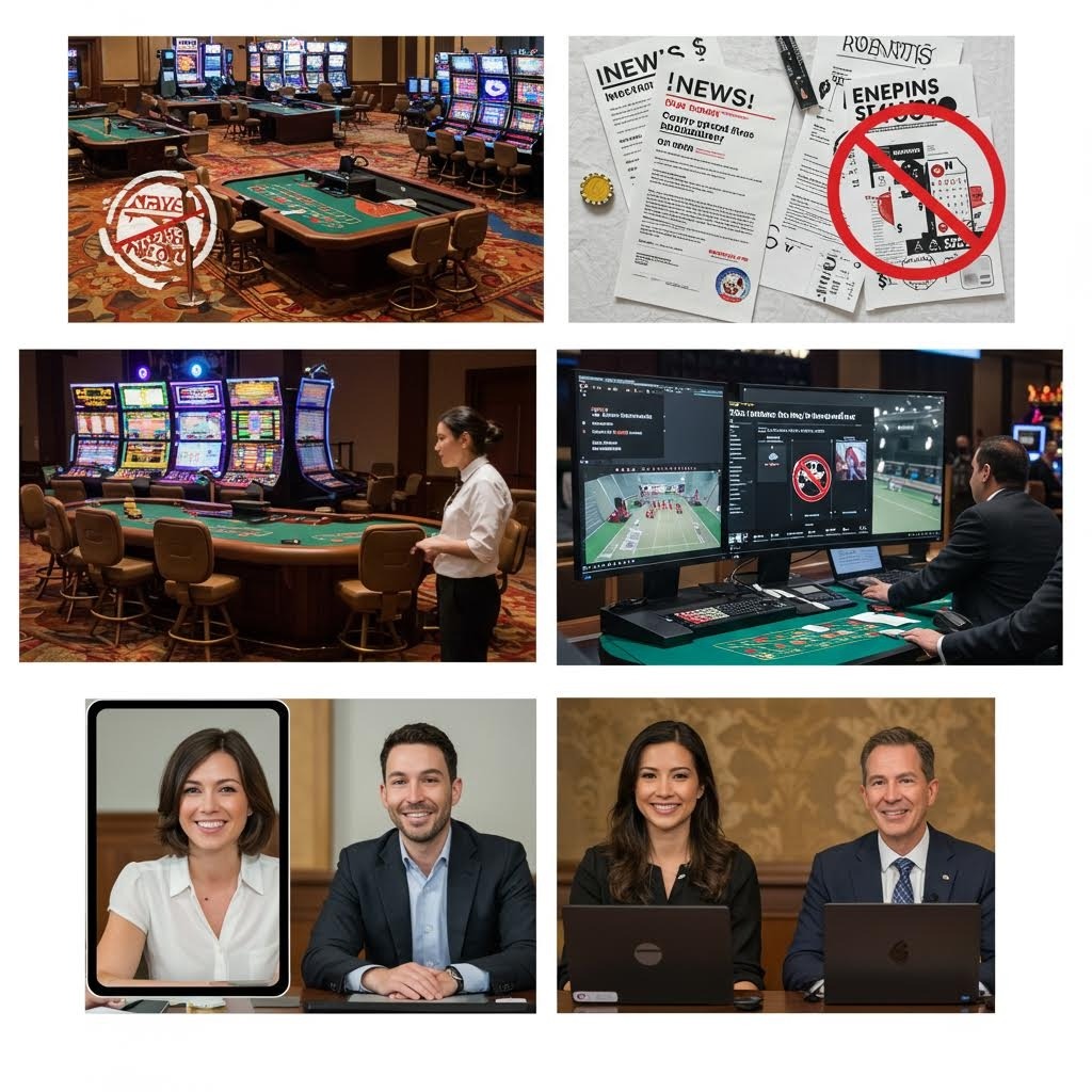카지노 게임장 직원 규제 서류 모니터링 시스템 온오프라인 도박 산업 운영 장면 콜라주