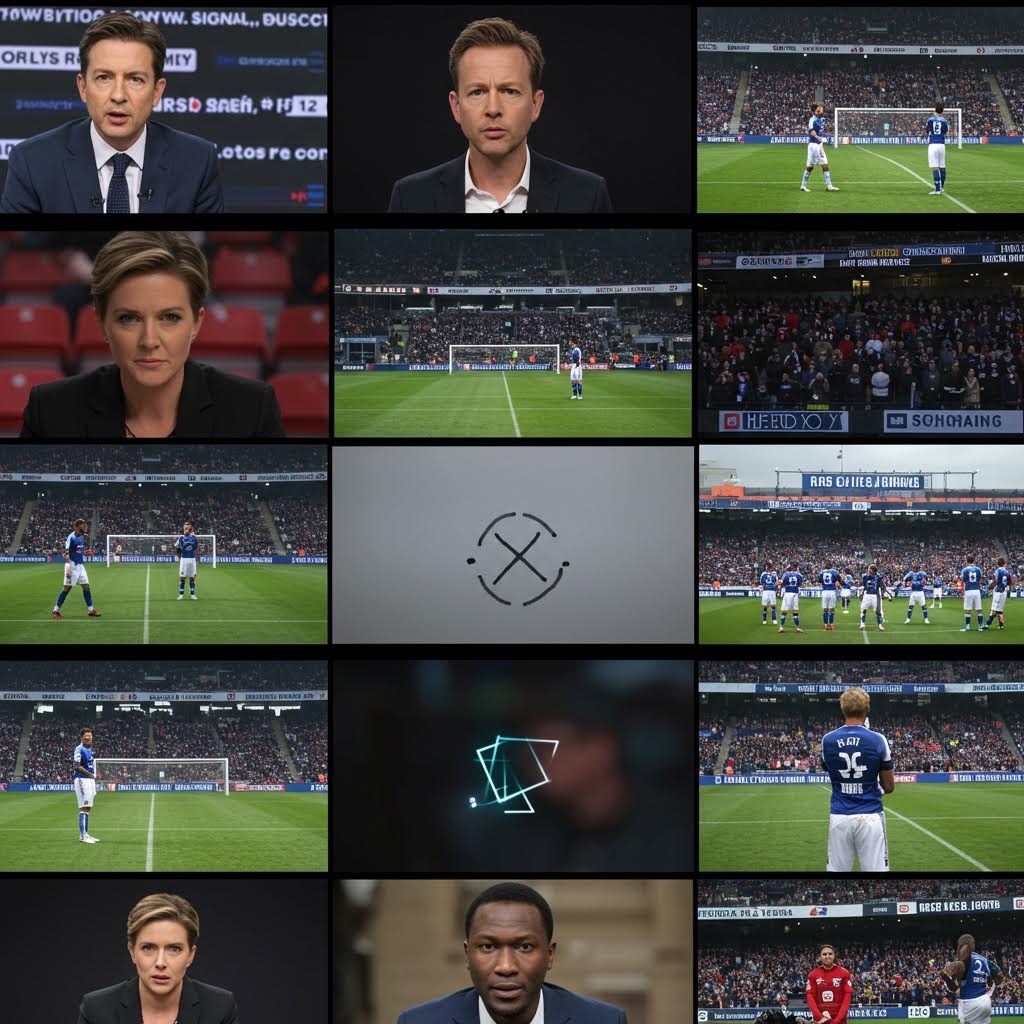 축구 경기와 스포츠 방송 앵커 콜라주 실시간 중계와 해설자가 있는 스포츠 미디어 장면