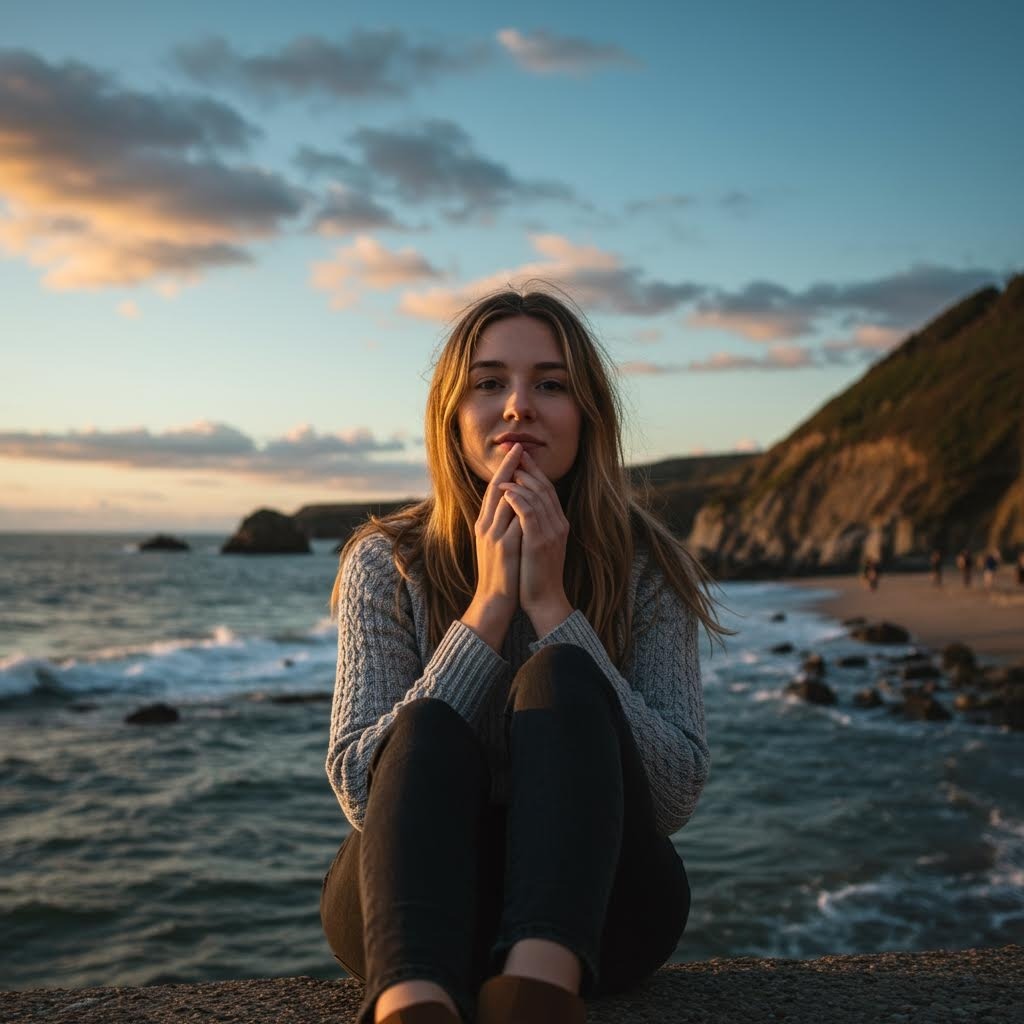 일몰 해변에서 기도하듯 손을 모은 여성 황금빛 석양과 바다 배경의 명상적인 초상 사진