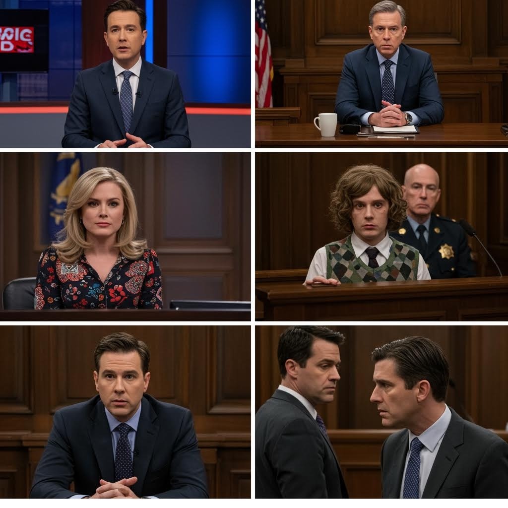 뉴스 앵커와 법정 장면 콜라주 기자 증인 변호사가 등장하는 방송 및 법률 드라마 장면