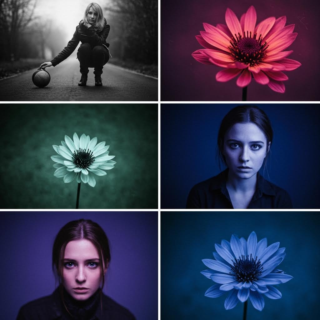 여성 초상화와 컬러 꽃 사진 콜라주 흑백과 컬러 대비의 예술적 사진 작품 모음