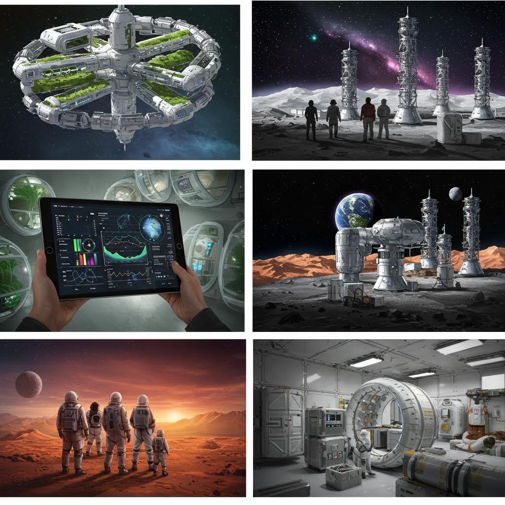 미래 우주 정거장과 식민지 콜라주: 수경재배 온실이 있는 궤도 정거장, 달 표면의 우주비행사들과 타워, 우주선 내부 제어실의 태블릿 화면, 지구가 보이는 달 기지, 화성 풍경의 탐험대, 우주정거장 내부의 원형 게이트웨이