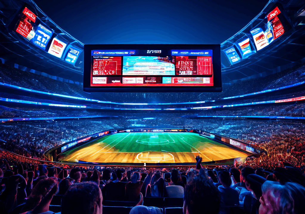 빛나는 디지털 실시간 점수판을 다양한 스포츠 팬들이 집중하여 지켜보는 모습이다.