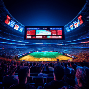 빛나는 디지털 실시간 점수판을 다양한 스포츠 팬들이 집중하여 지켜보는 모습이다.