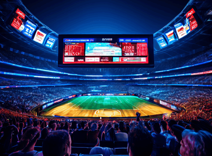 빛나는 디지털 실시간 점수판을 다양한 스포츠 팬들이 집중하여 지켜보는 모습이다.