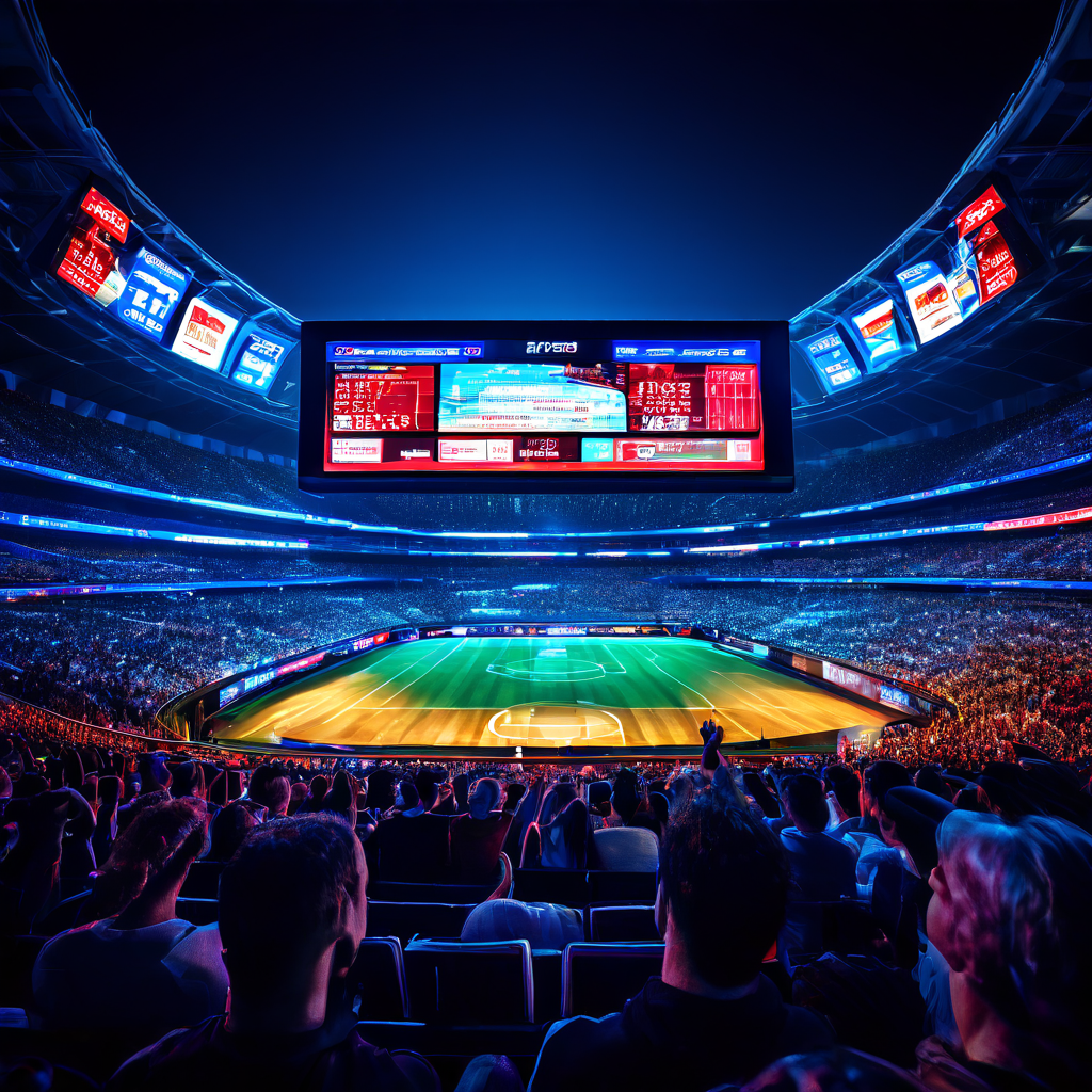 빛나는 디지털 실시간 점수판을 다양한 스포츠 팬들이 집중하여 지켜보는 모습이다.
