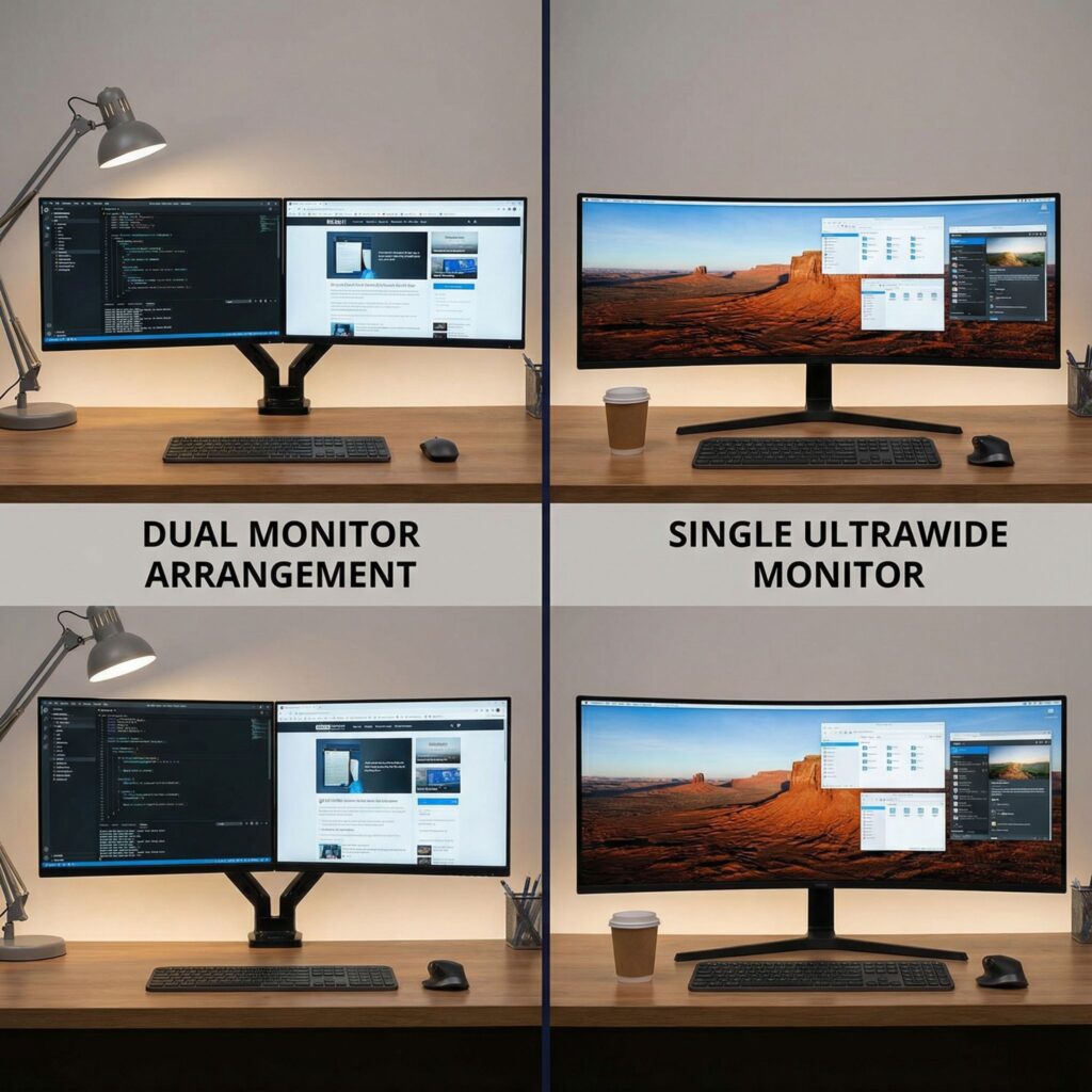 왼쪽은 두 개의 모니터가 나란히 놓인 모습이고 오른쪽은 하나의 넓고 휘어진 초광각 모니터를 보여주는 분할