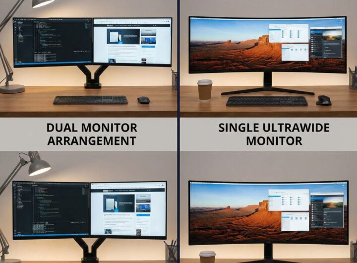 왼쪽은 두 개의 모니터가 나란히 놓인 모습이고 오른쪽은 하나의 넓고 휘어진 초광각 모니터를 보여주는 분할