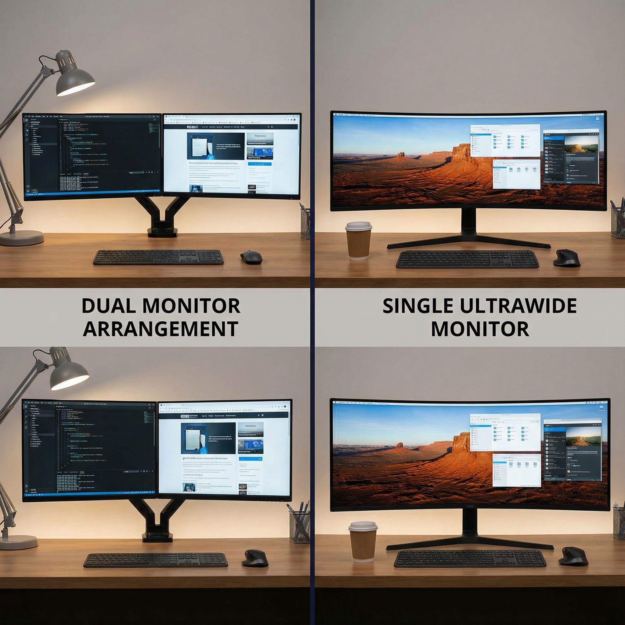 왼쪽은 두 개의 모니터가 나란히 놓인 모습이고 오른쪽은 하나의 넓고 휘어진 초광각 모니터를 보여주는 분할