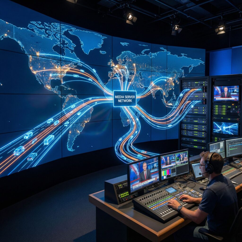 세계 지도 위에 고속도로처럼 흐르는 데이터 흐름과 여러 서버가 방송 제작실에 미디어 콘텐츠를 전달하는