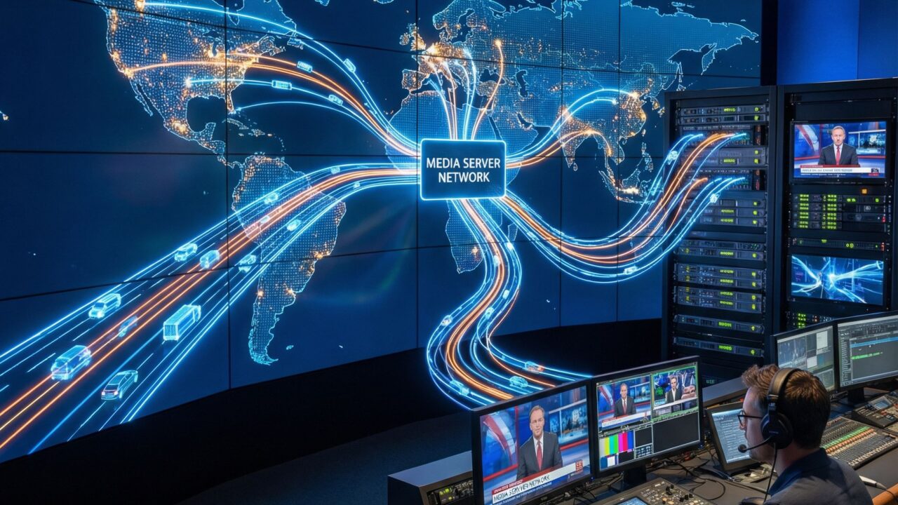 세계 지도 위에 고속도로처럼 흐르는 데이터 흐름과 여러 서버가 방송 제작실에 미디어 콘텐츠를 전달하는