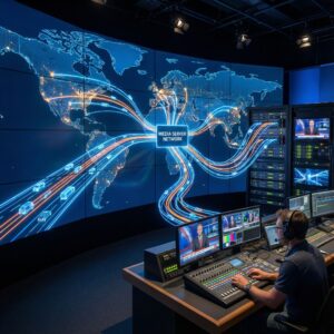 세계 지도 위에 고속도로처럼 흐르는 데이터 흐름과 여러 서버가 방송 제작실에 미디어 콘텐츠를 전달하는