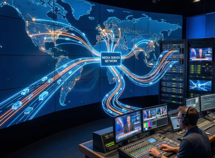 세계 지도 위에 고속도로처럼 흐르는 데이터 흐름과 여러 서버가 방송 제작실에 미디어 콘텐츠를 전달하는