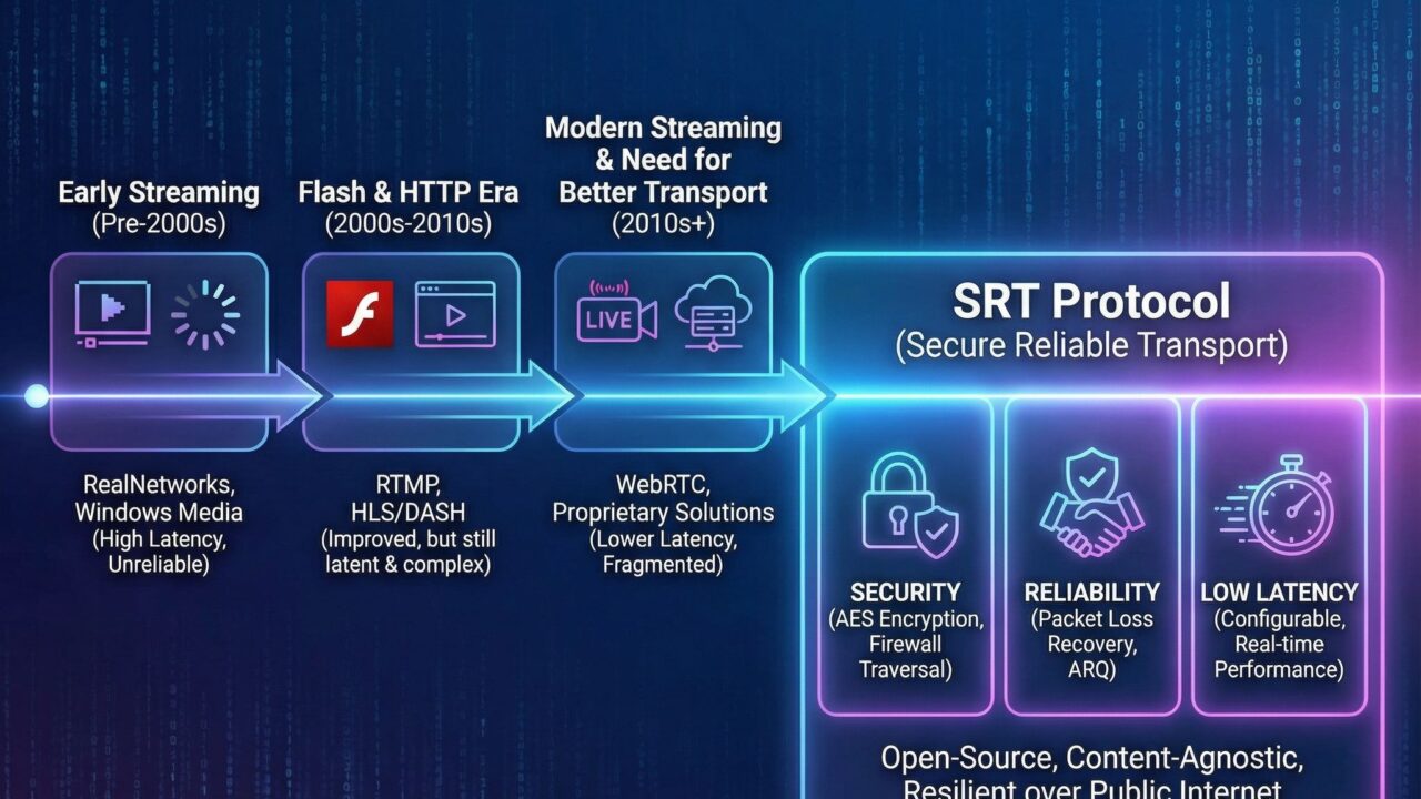 진행 방향을 나타내는 화살표와 함께 스트리밍 기술 발전 타임라인이 그려지며, 보안과 안정성, 낮은 지연