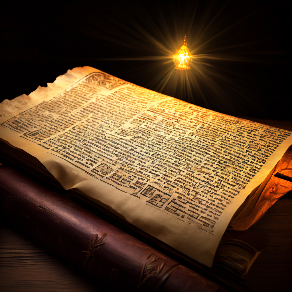 신성한 양피지 배경 위에 빛나는 검색창이 있고, 역사적 문헌과 디지털 데이터 흐름이 그 안으로 흘러들어가는 모습입니다.