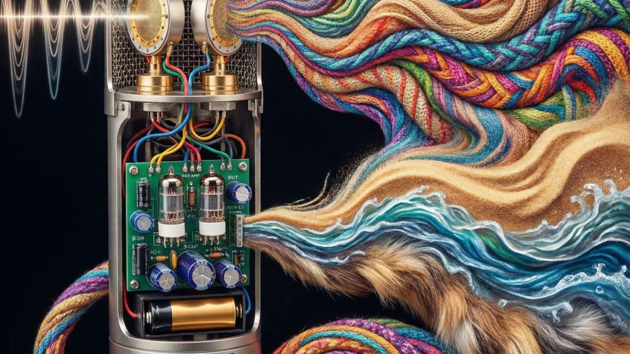 ASMR 마이크 단면 내부 구조와 청각적 감각을 표현한 생동감 있는 소리 파동이 섬세하게 묘사된 모습이다.