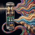 ASMR 마이크 단면 내부 구조와 청각적 감각을 표현한 생동감 있는 소리 파동이 섬세하게 묘사된 모습이다.