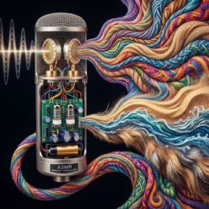 ASMR 마이크 단면 내부 구조와 청각적 감각을 표현한 생동감 있는 소리 파동이 섬세하게 묘사된 모습이다.