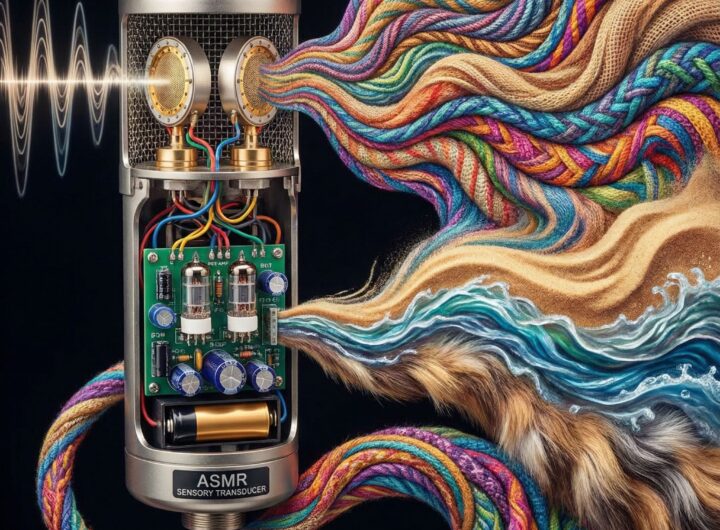 ASMR 마이크 단면 내부 구조와 청각적 감각을 표현한 생동감 있는 소리 파동이 섬세하게 묘사된 모습이다.