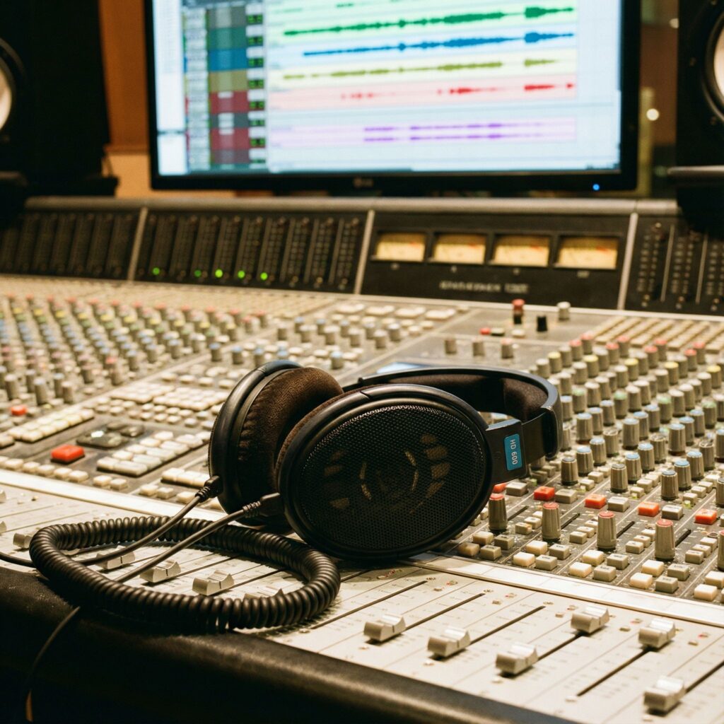 검정색 전문가용 스튜디오 헤드폰이 오디오 믹싱 콘솔 위에 놓여 있고, 배경 모니터에는 파란색 음파
