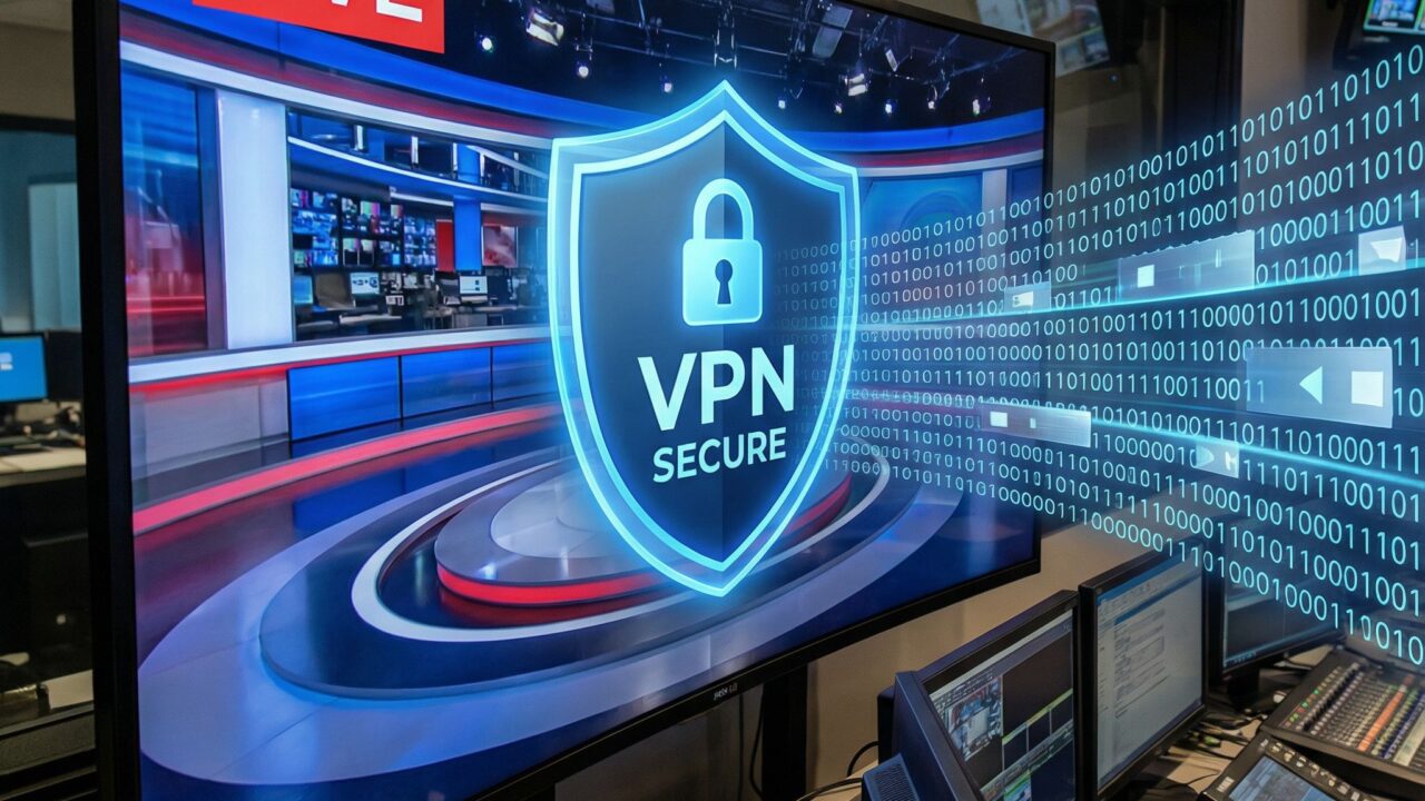 안정적인 LIVE 표시와 VPN 보호막 아이콘이 빛나며, 끊김없는 데이터 흐름이 들어오는 방송 제어실