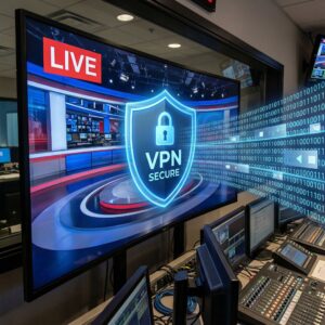 안정적인 LIVE 표시와 VPN 보호막 아이콘이 빛나며, 끊김없는 데이터 흐름이 들어오는 방송 제어실
