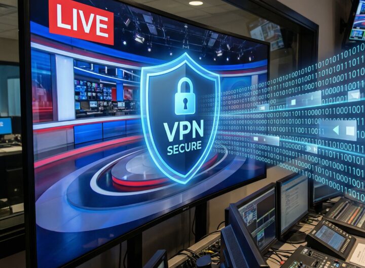 안정적인 LIVE 표시와 VPN 보호막 아이콘이 빛나며, 끊김없는 데이터 흐름이 들어오는 방송 제어실