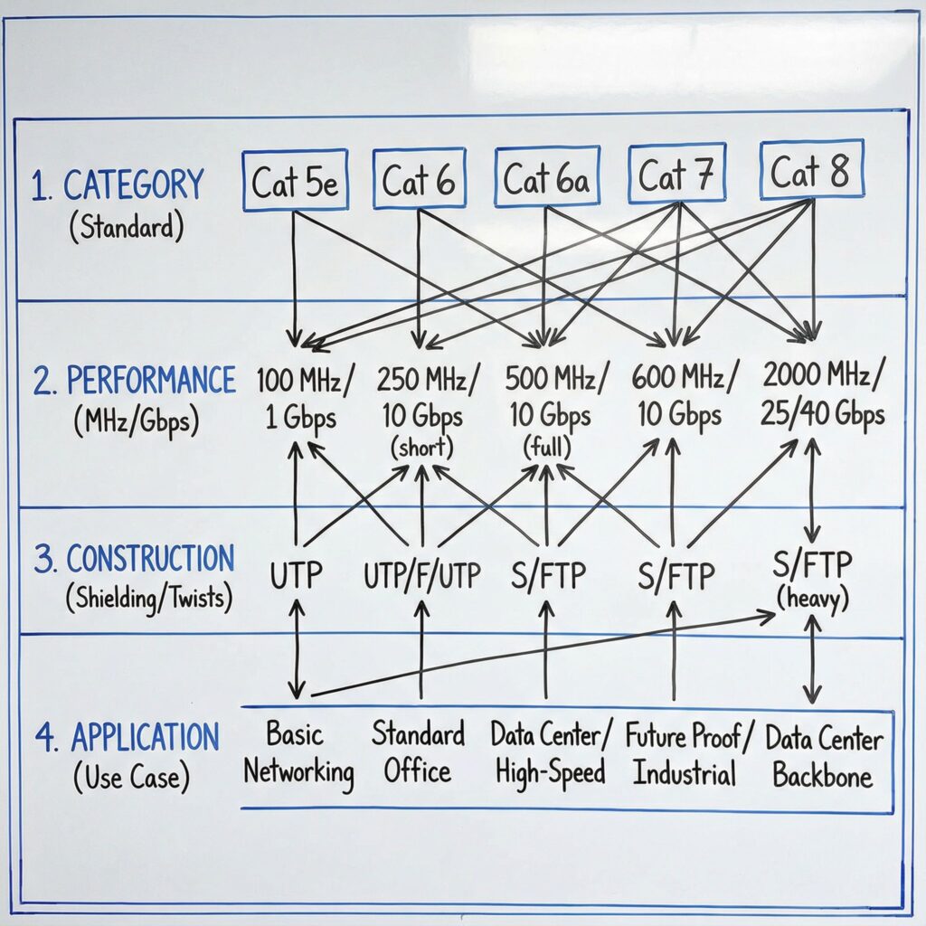 파란색과 회색 계열의 계층 구조로 구성된 개념도에 LAN 케이블 카테고리 이해를 위한 기본 프레임워크가