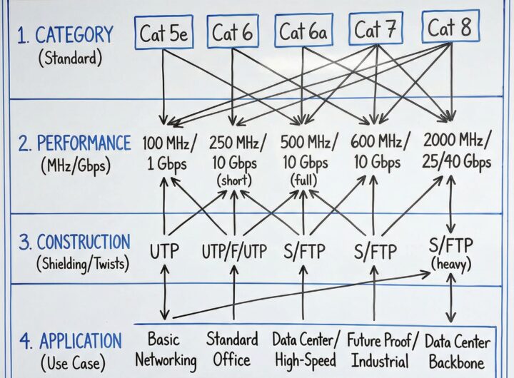 파란색과 회색 계열의 계층 구조로 구성된 개념도에 LAN 케이블 카테고리 이해를 위한 기본 프레임워크가