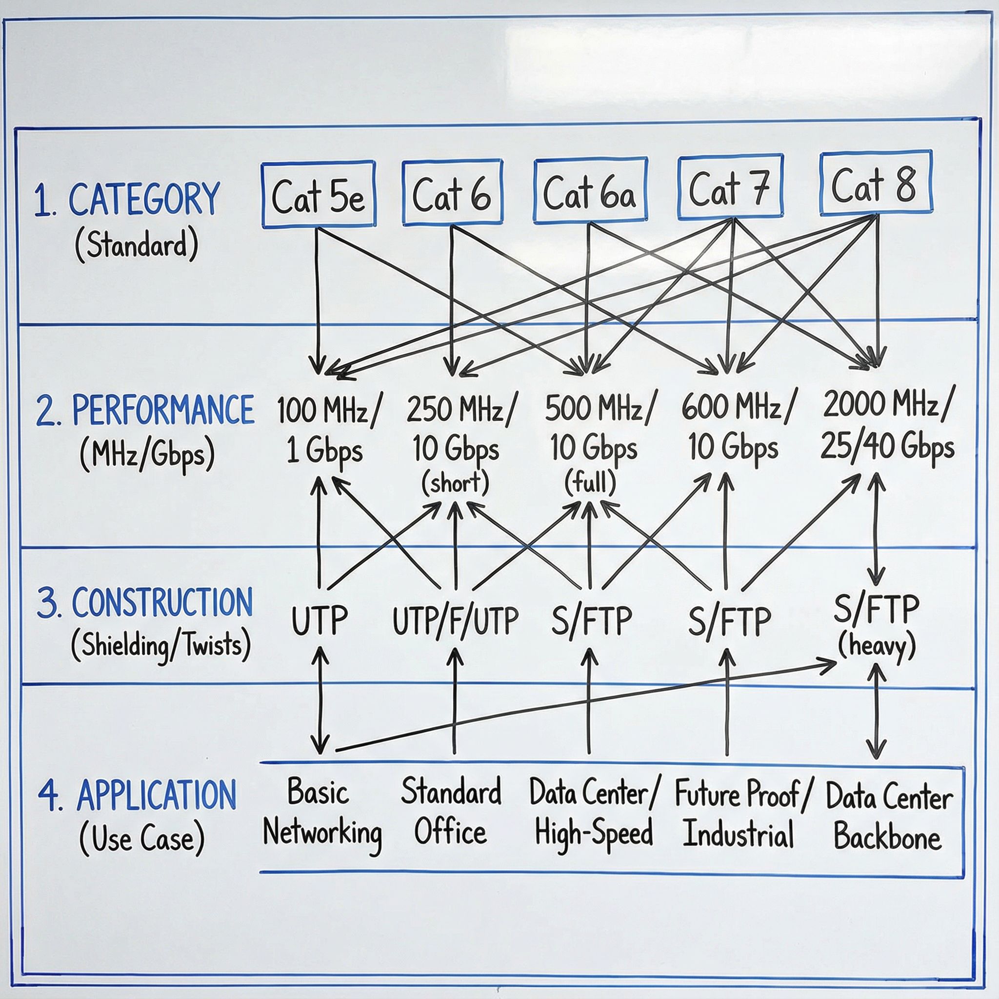 파란색과 회색 계열의 계층 구조로 구성된 개념도에 LAN 케이블 카테고리 이해를 위한 기본 프레임워크가