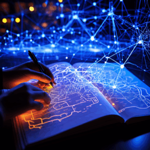 가까이서 본 연구자 노트에는 도표와 메모가 가득하고, 멀리서 보면 빛나는 추상적인 인간 활동 패턴 네트워크가 펼쳐져 있다.