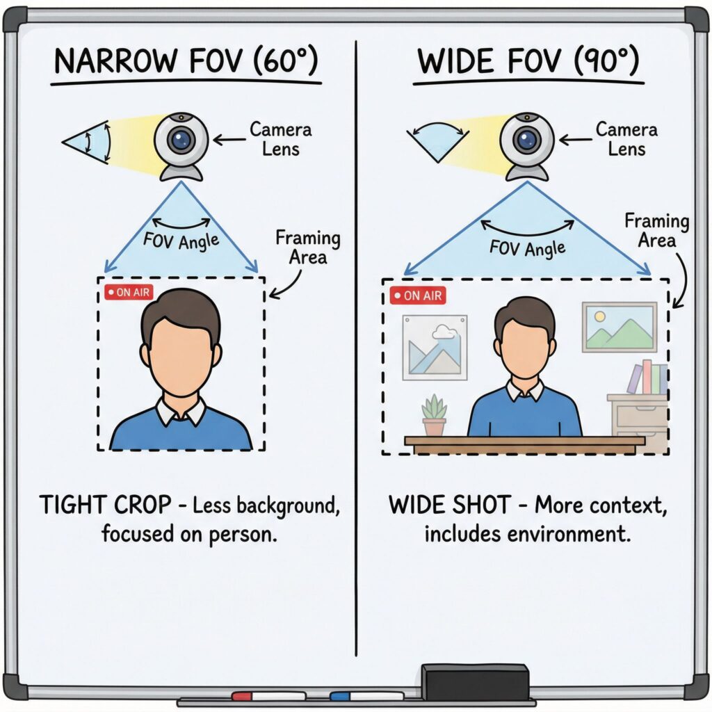 넓은 화각과 좁은 화각의 웹캠이 사람의 상반신을 어떻게 담는지 비교하는 일러스트레이션입니다.
