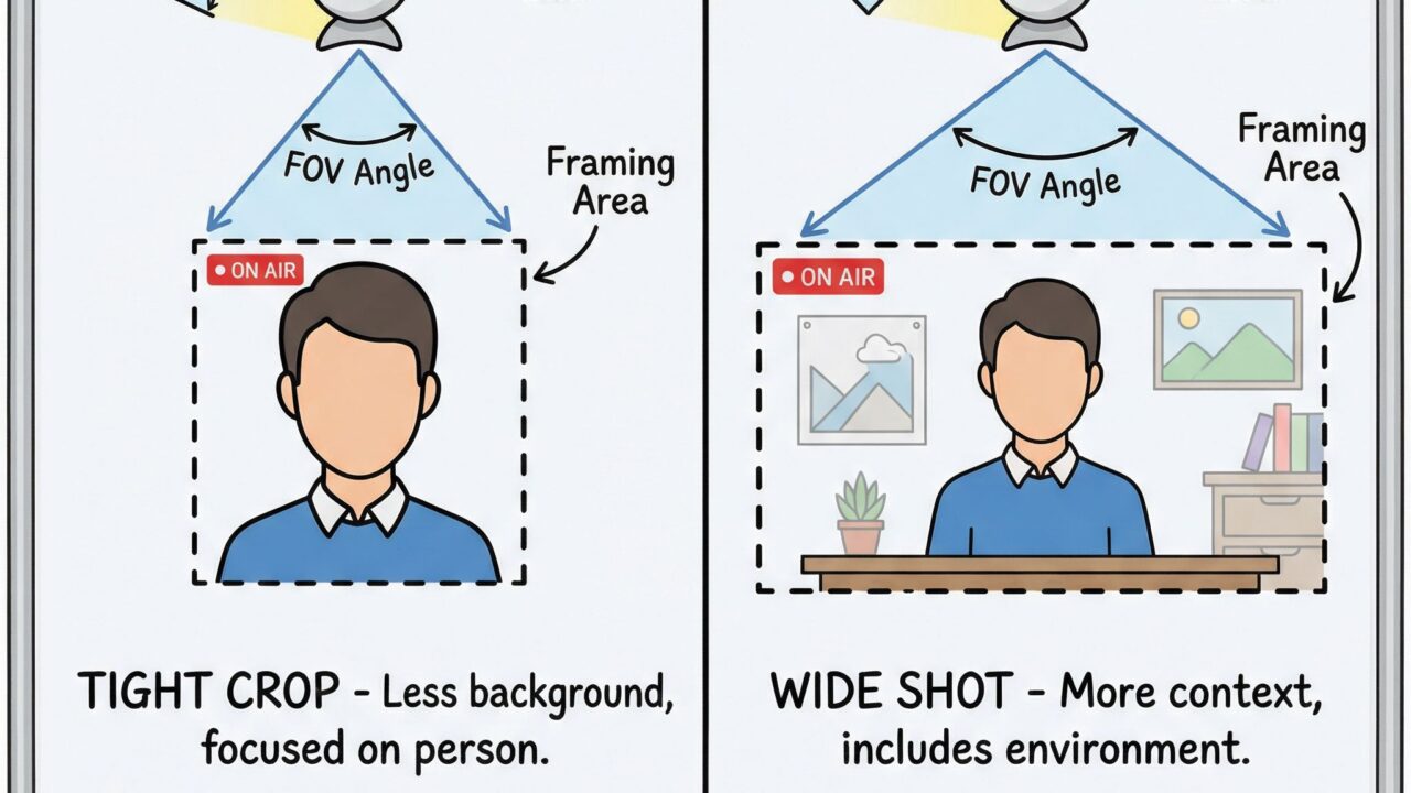 넓은 화각과 좁은 화각의 웹캠이 사람의 상반신을 어떻게 담는지 비교하는 일러스트레이션입니다.