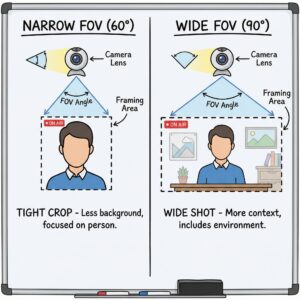 넓은 화각과 좁은 화각의 웹캠이 사람의 상반신을 어떻게 담는지 비교하는 일러스트레이션입니다.