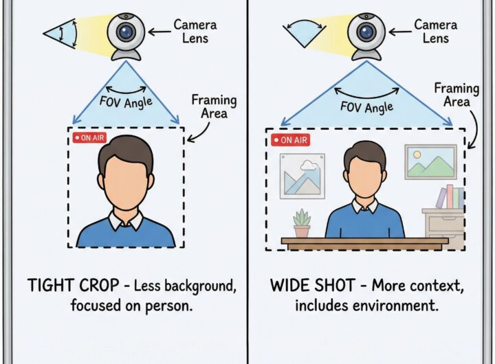 넓은 화각과 좁은 화각의 웹캠이 사람의 상반신을 어떻게 담는지 비교하는 일러스트레이션입니다.