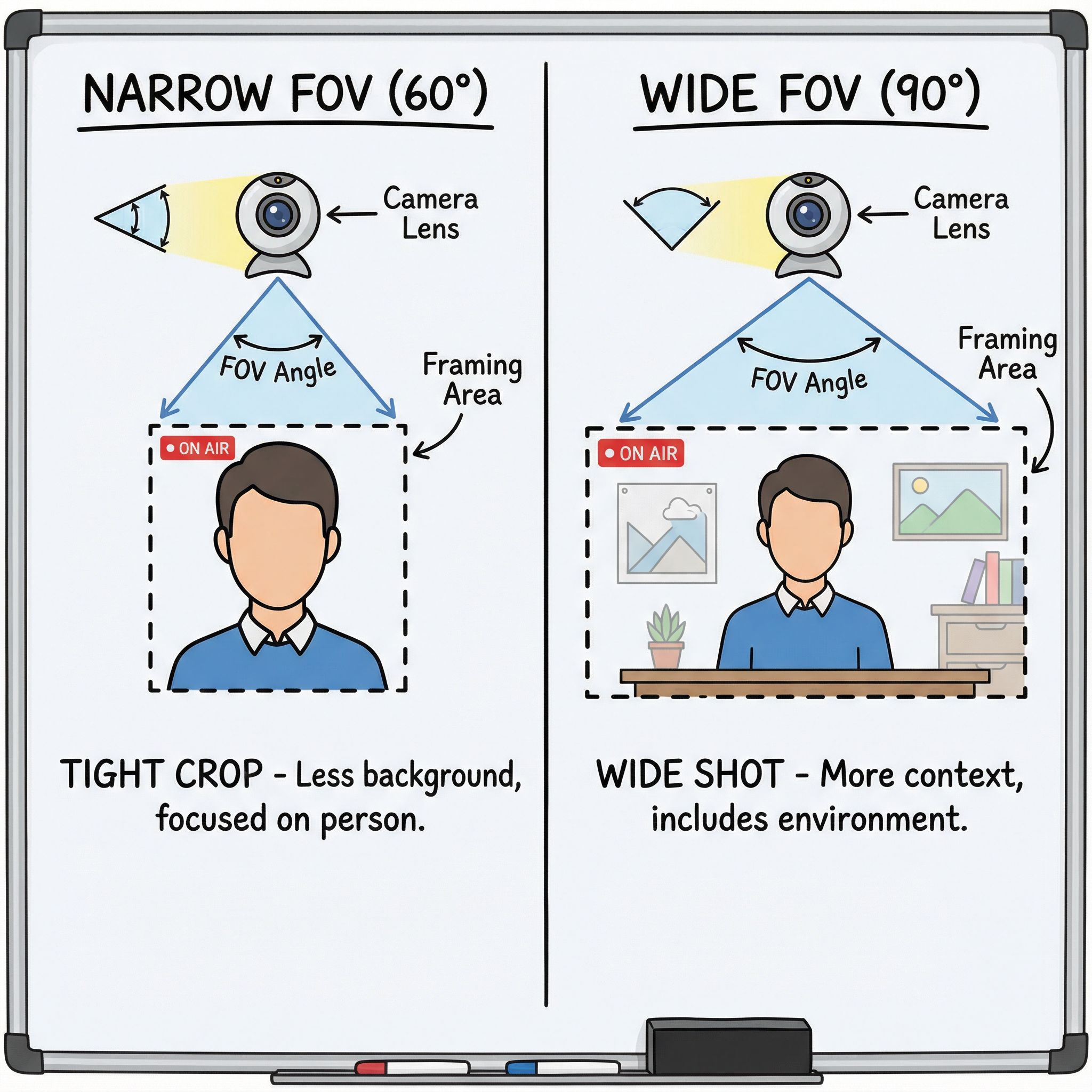 넓은 화각과 좁은 화각의 웹캠이 사람의 상반신을 어떻게 담는지 비교하는 일러스트레이션입니다.