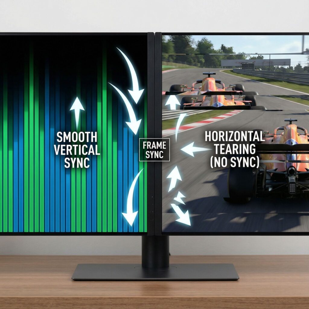 분할된 컴퓨터 화면에서 왼쪽은 부드러운 게임 화면, 오른쪽은 수평으로 찢어진 화면을 보여주며 화살표로